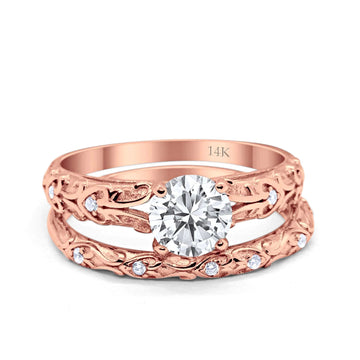 14K Rose Gold Art Deco Round Two Piece Bridal Set Ring Engagement Band Simulated CZ Size 7